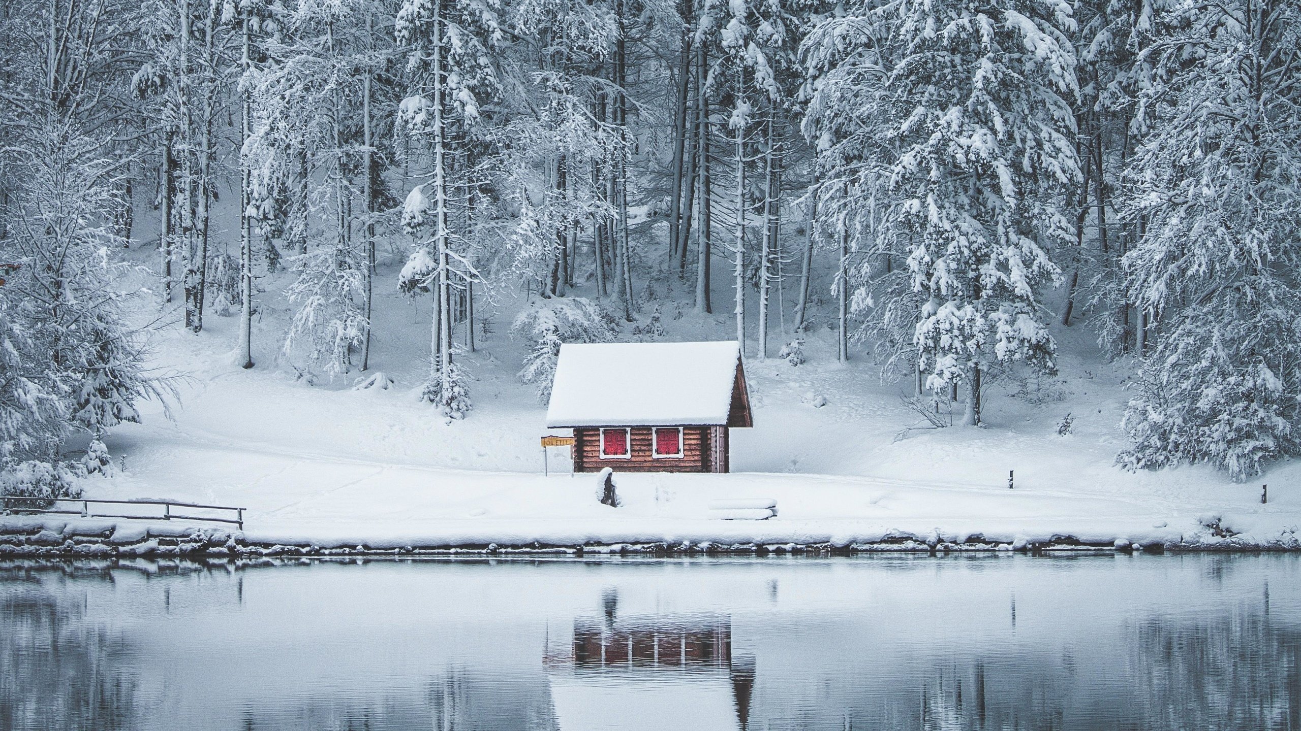 Обои деревья, дом, озеро, снег, природа, лес, зима, отражение, лёд, trees, house, lake, snow, nature, forest, winter, reflection, ice разрешение 3949x2221 Загрузить