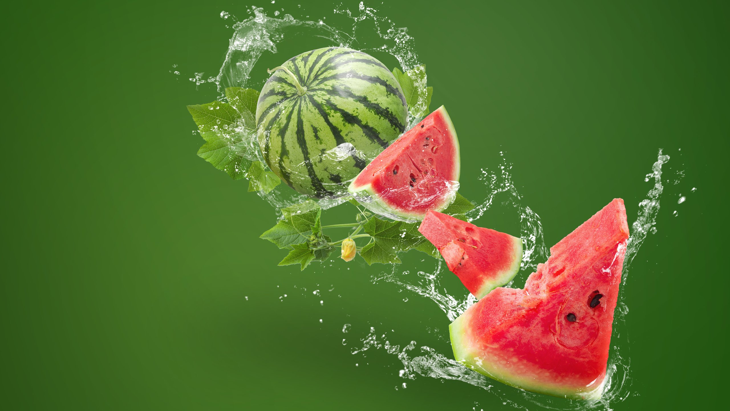 Обои вода, брызги, арбуз, ломтики, всплеск, зеленый фон, water, squirt, watermelon, slices, splash, green background разрешение 6000x4000 Загрузить