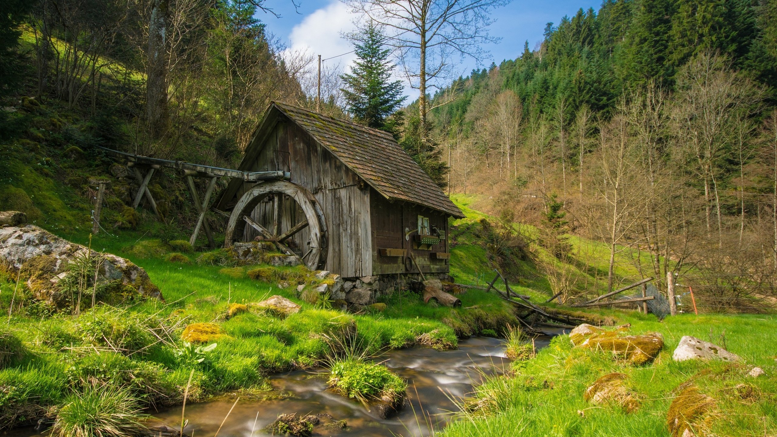 Обои трава, природа, ручей, мельница, водяная мельница, grass, nature, stream, mill, water mill разрешение 3000x2000 Загрузить