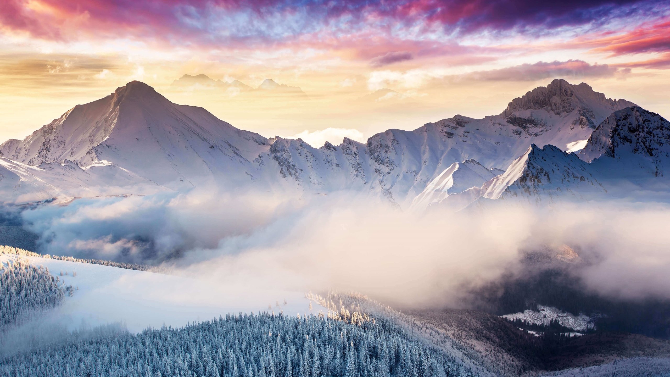 Обои небо, туман, облака, горы, скалы, снег, природа, лес, зима, the sky, fog, clouds, mountains, rocks, snow, nature, forest, winter разрешение 4500x2531 Загрузить