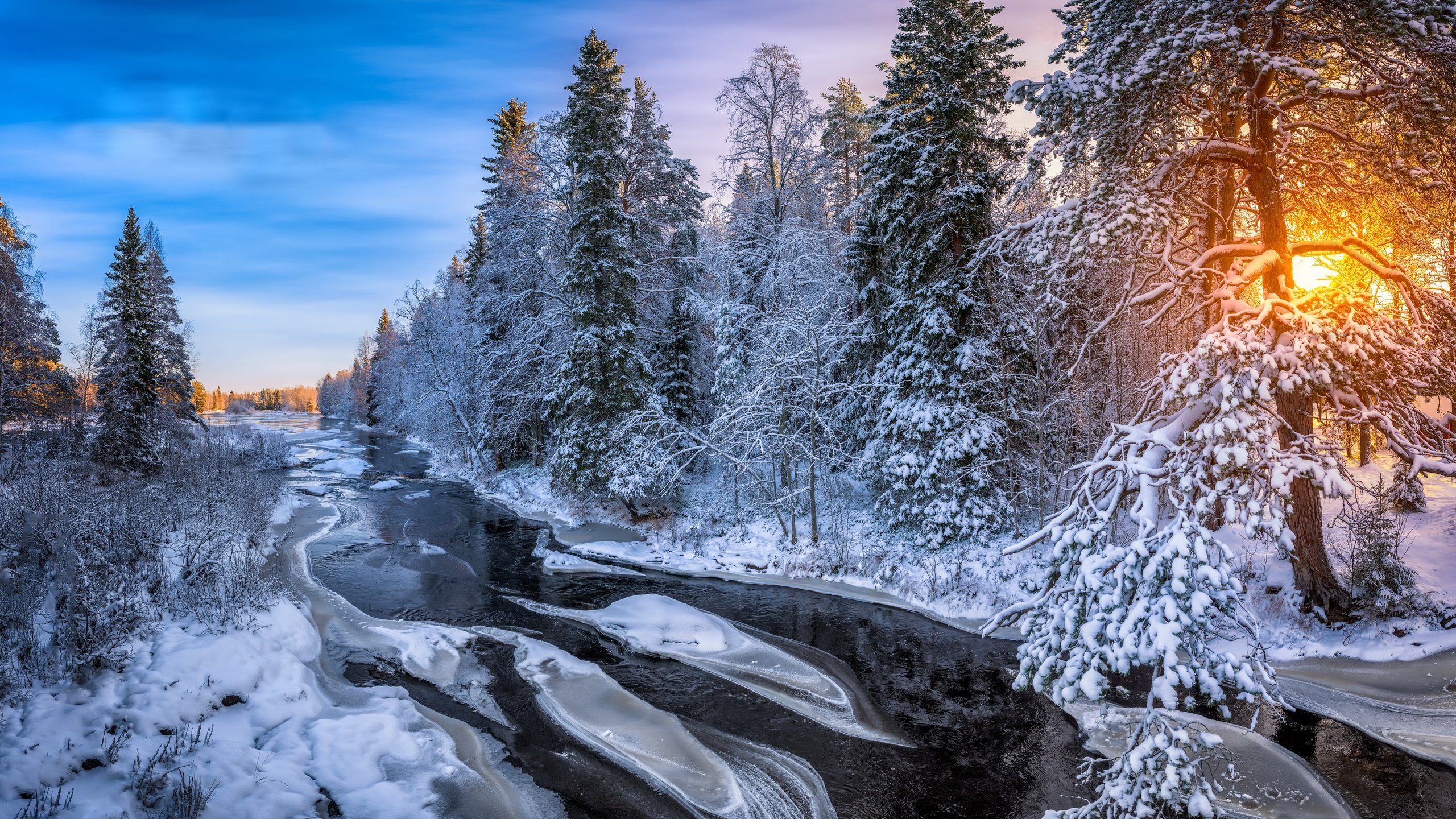 Обои река, лес, зима, утро, river, forest, winter, morning разрешение 3840x2160 Загрузить