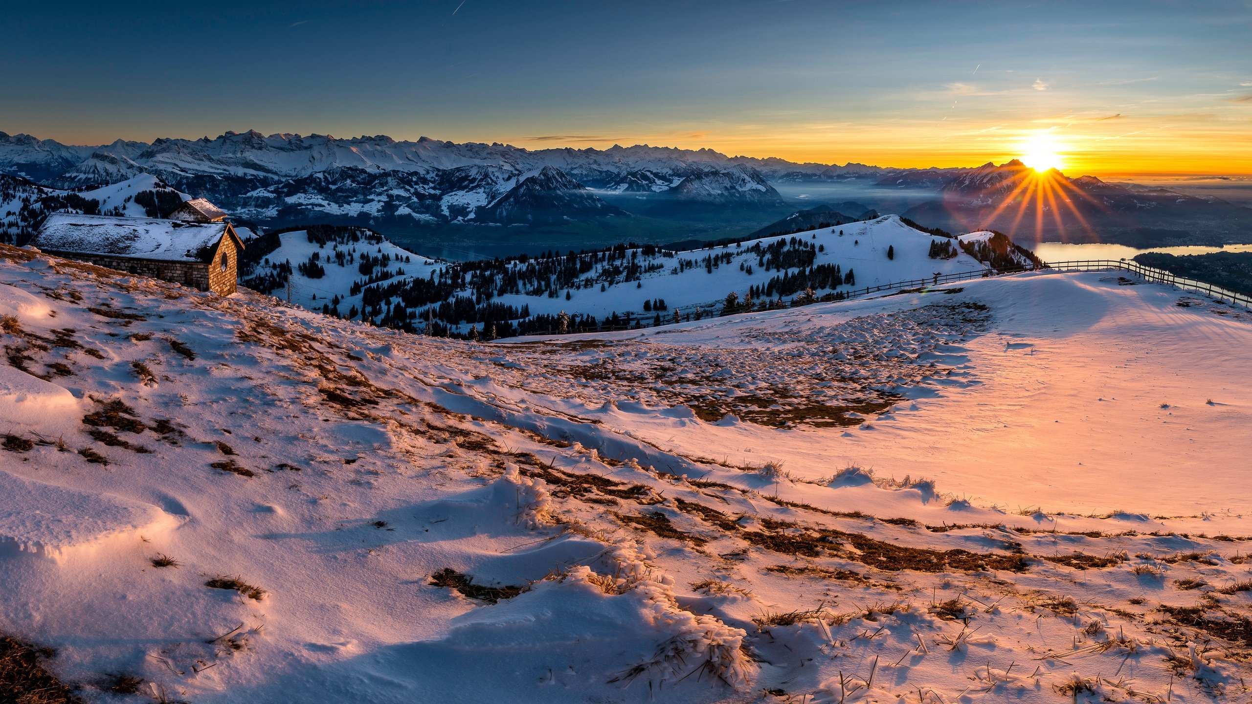 Обои горы, солнце, снег, пейзаж, швейцария, mountains, the sun, snow, landscape, switzerland разрешение 6144x3046 Загрузить