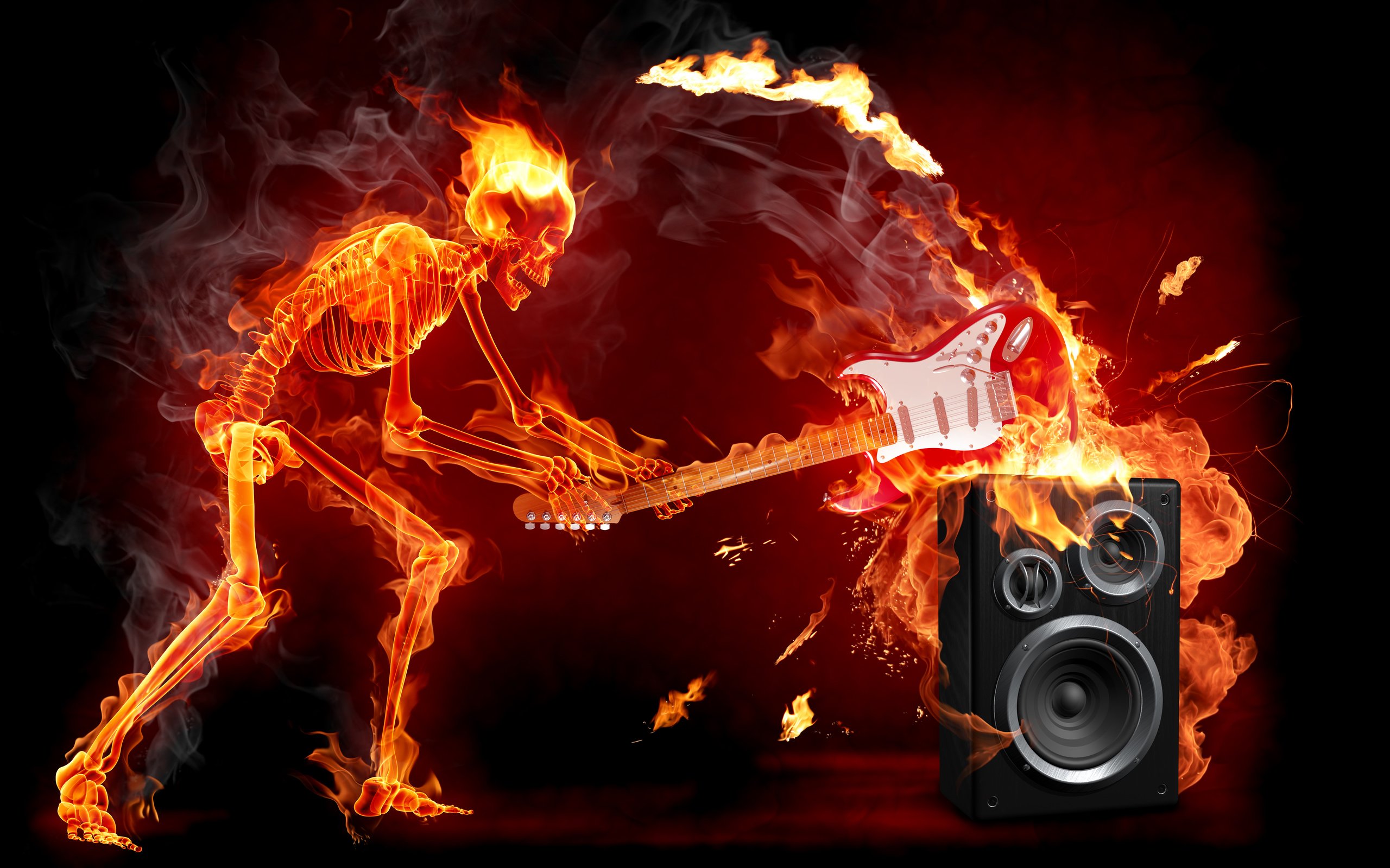 Обои гитара, огонь, рок, скелет, электричество, guitar, fire, rock, skeleton, electricity разрешение 6332x4749 Загрузить