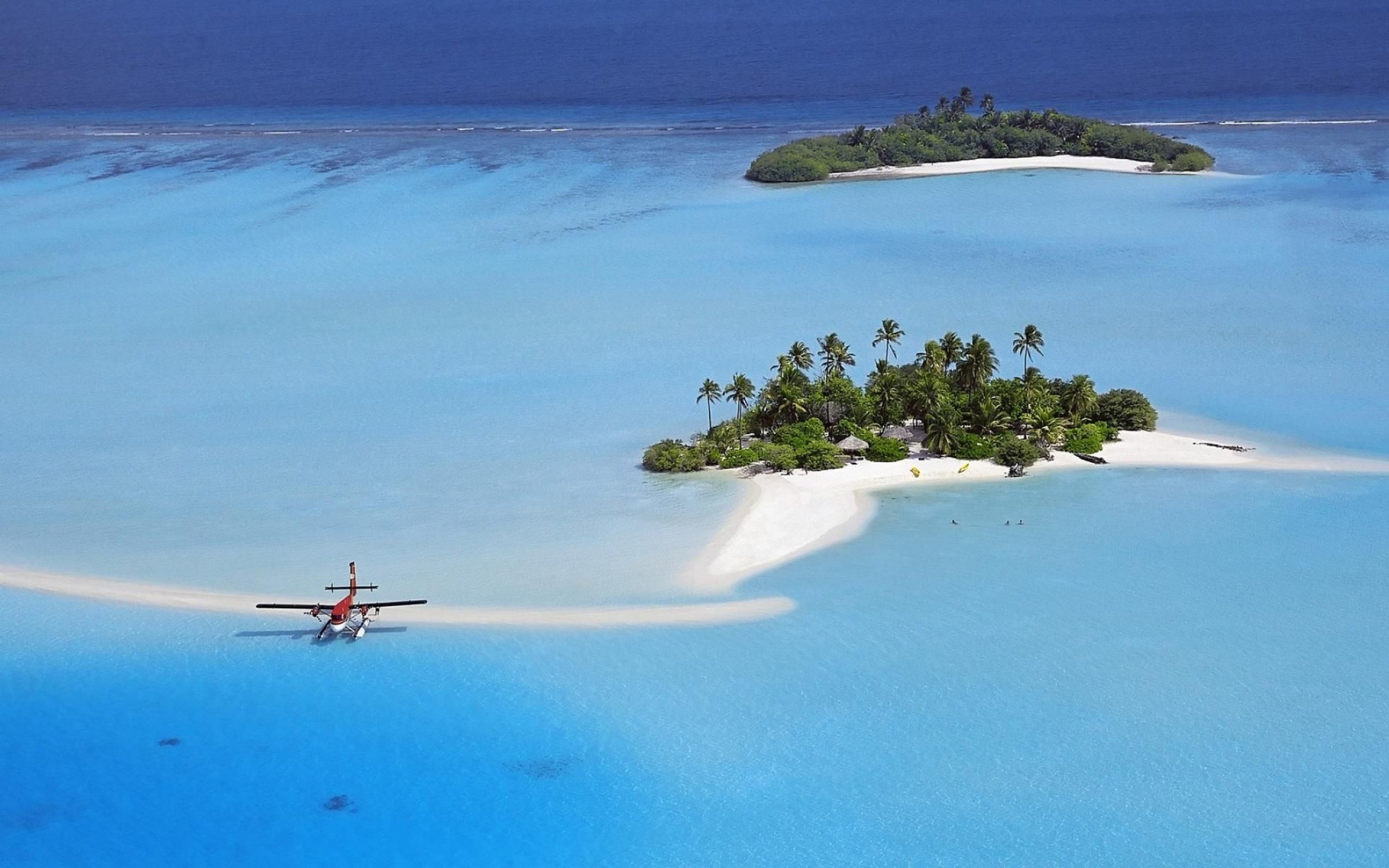 Обои самолет, пляж, пальмы, остров, тропики, мальдивы, the plane, beach, palm trees, island, tropics, the maldives разрешение 2880x1800 Загрузить