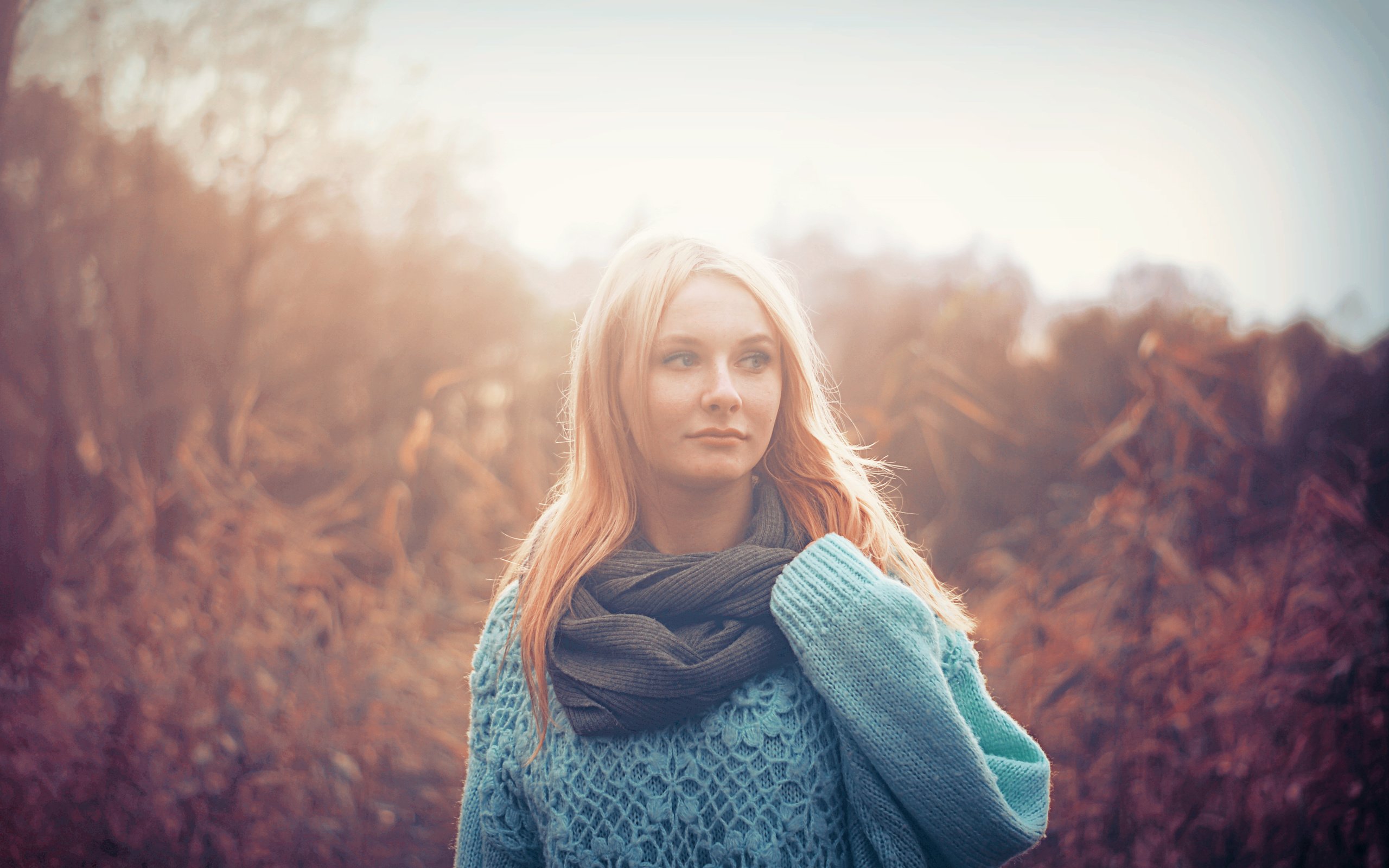 Обои природа, девушка, синий, блондинка, свитер, nature, girl, blue, blonde, sweater разрешение 3872x2592 Загрузить