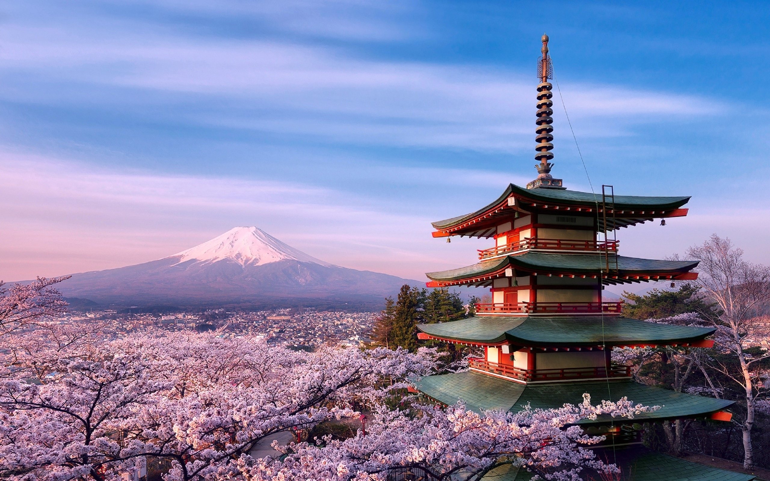 Обои пагода, япония, сакура, вулкан фудзияма, pagoda, japan, sakura, the fuji volcano разрешение 2880x1970 Загрузить