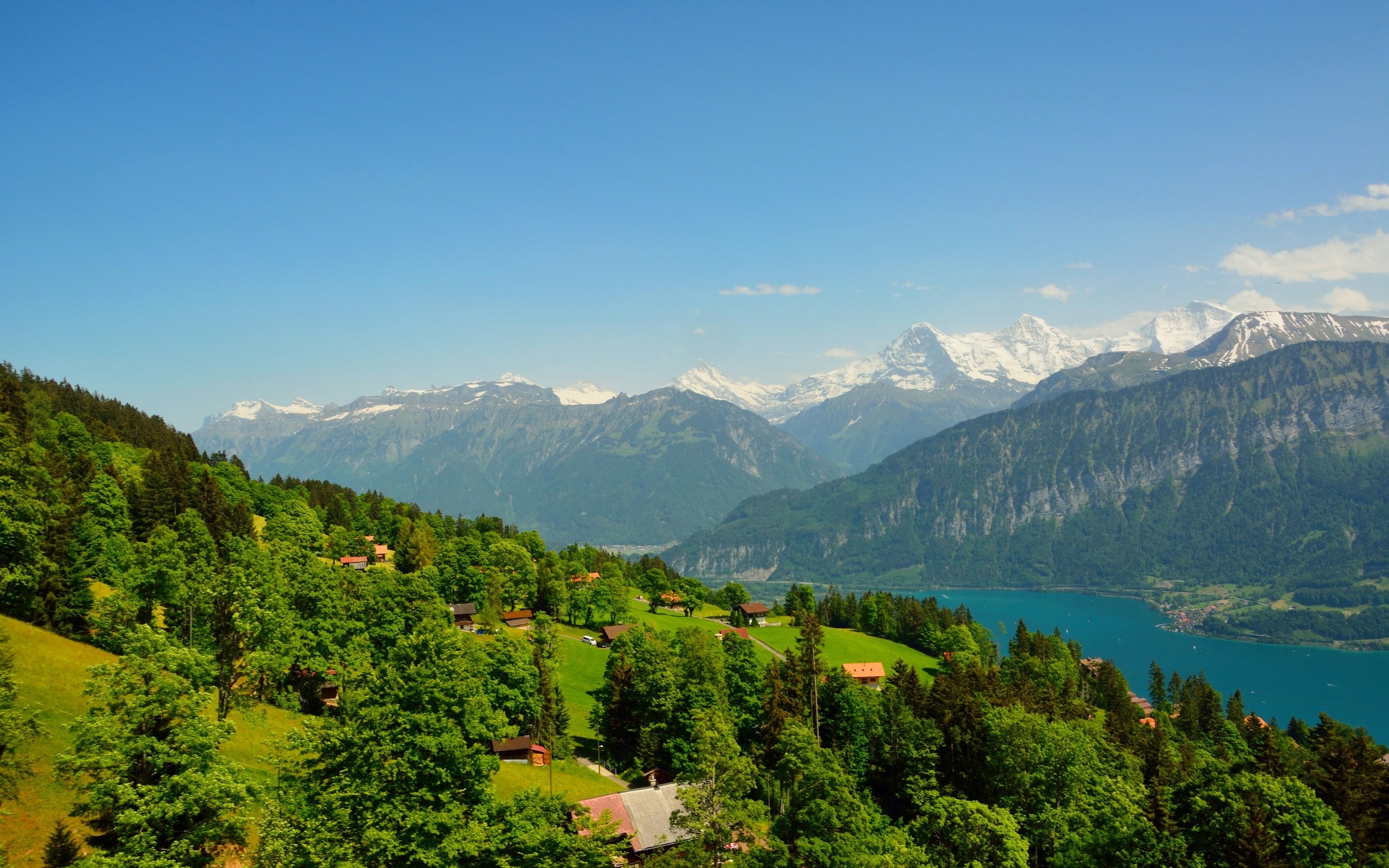 Обои деревья, река, горы, домики, швейцария, beatenberg, trees, river, mountains, houses, switzerland разрешение 3000x2000 Загрузить