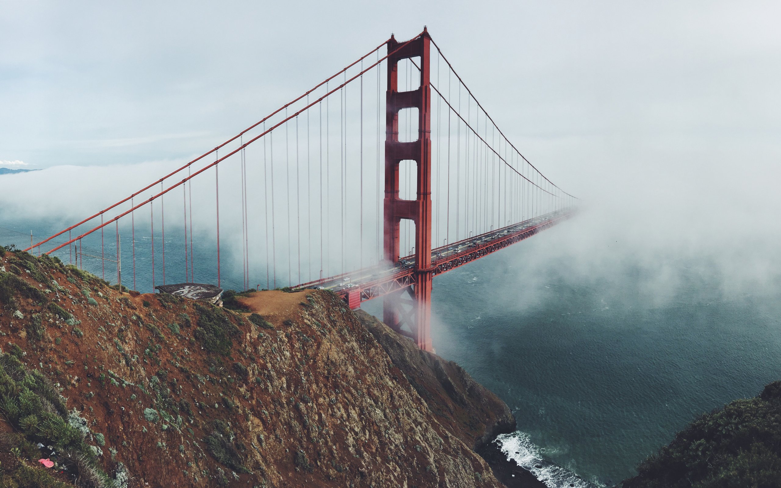 Обои скалы, море, туман, сан-франциско, золотые ворота, мост gate bridge, rocks, sea, fog, san francisco, golden gate, bridge gate bridge разрешение 6768x3150 Загрузить