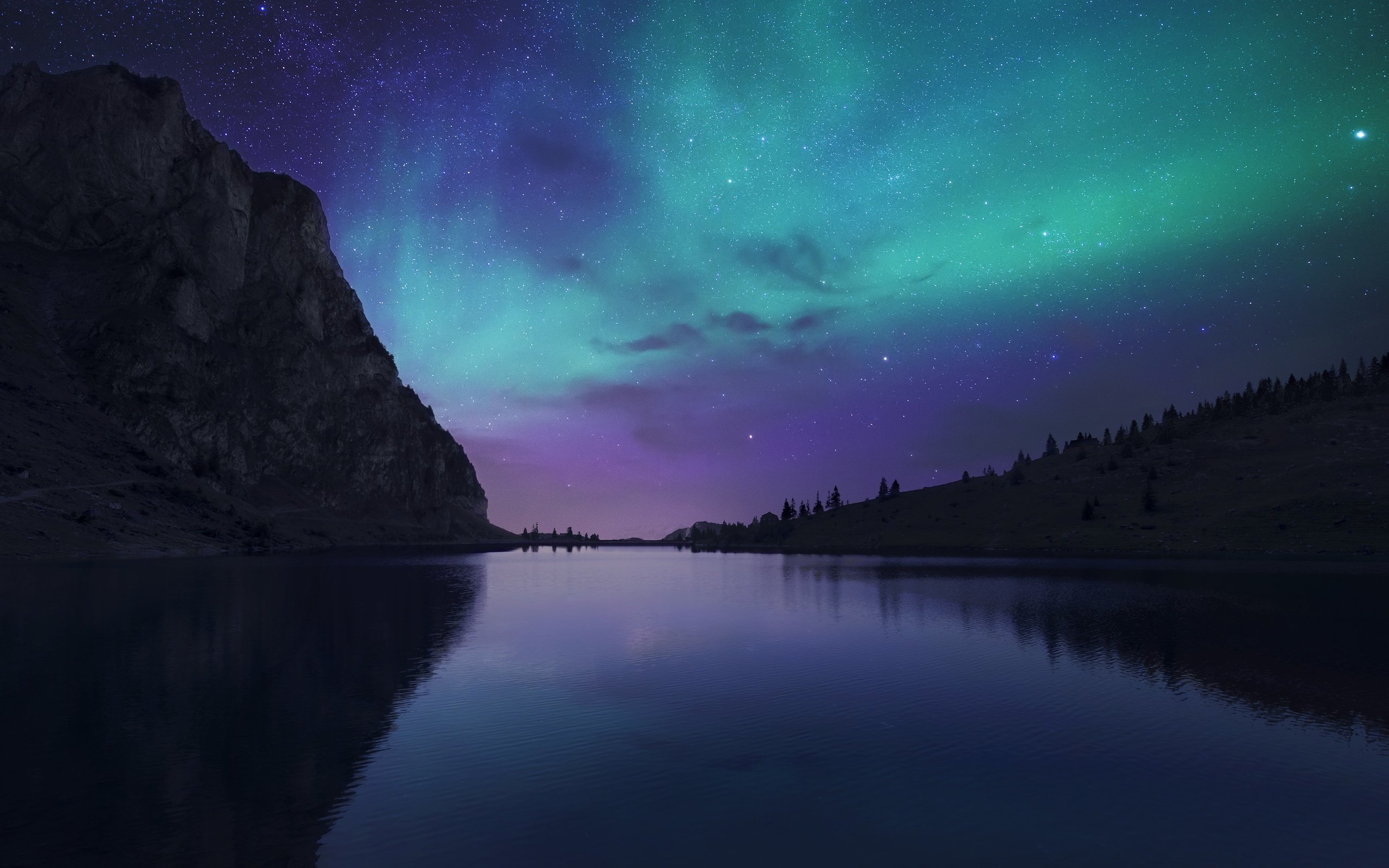 Обои ночь, озеро, горы, звезды, швейцария, северное сияние, aurora borealis...