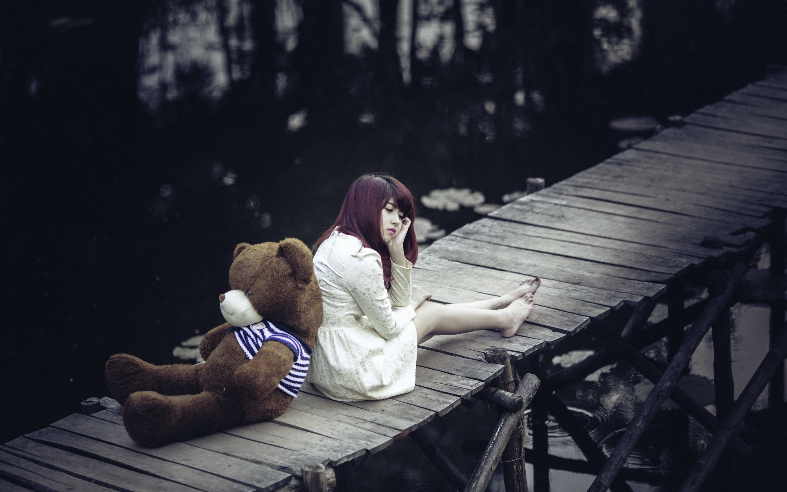 Обои девушка, мост, мишка, girl, bridge, bear разрешение 2560x1655 Загрузить