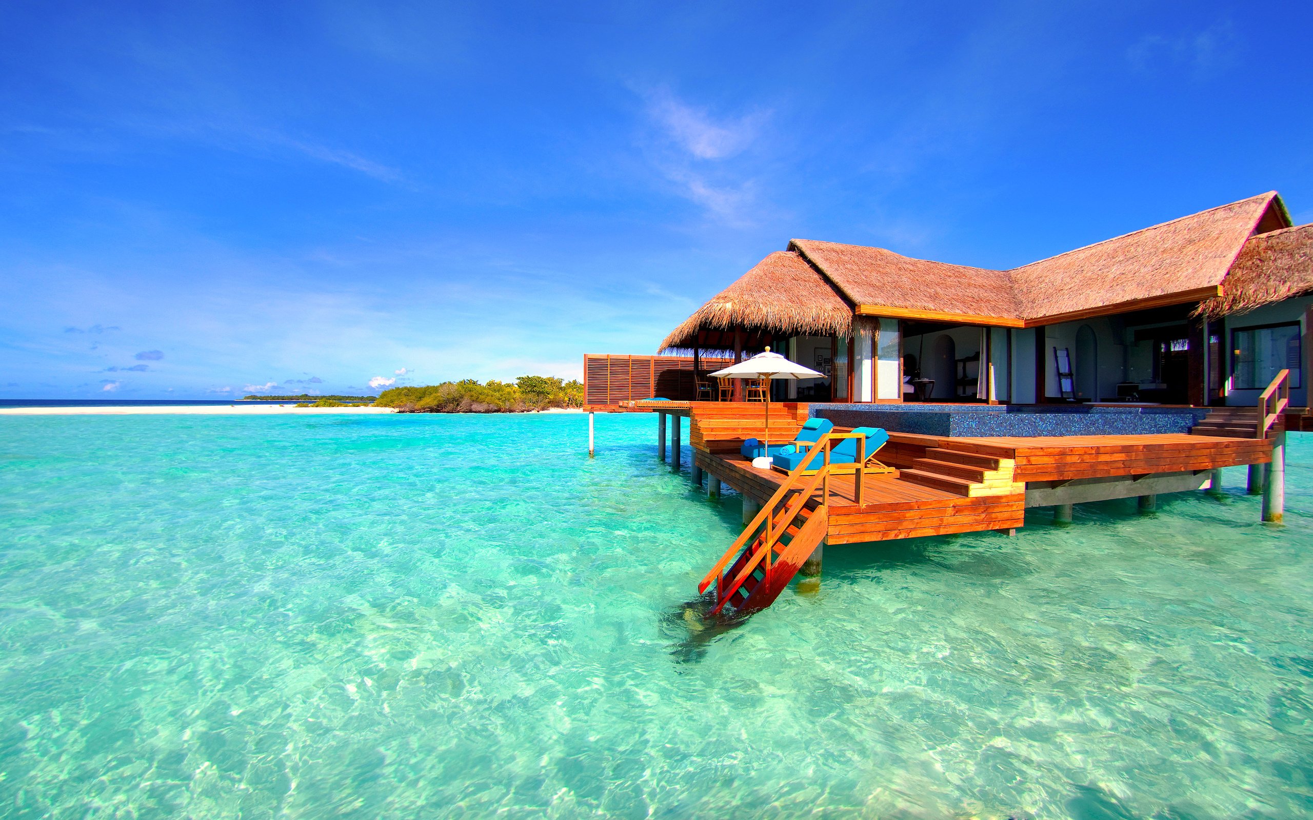 Обои море, отдых, остров, бунгало, мальдивы, sea, stay, island, bungalow, the maldives разрешение 3837x2158 Загрузить