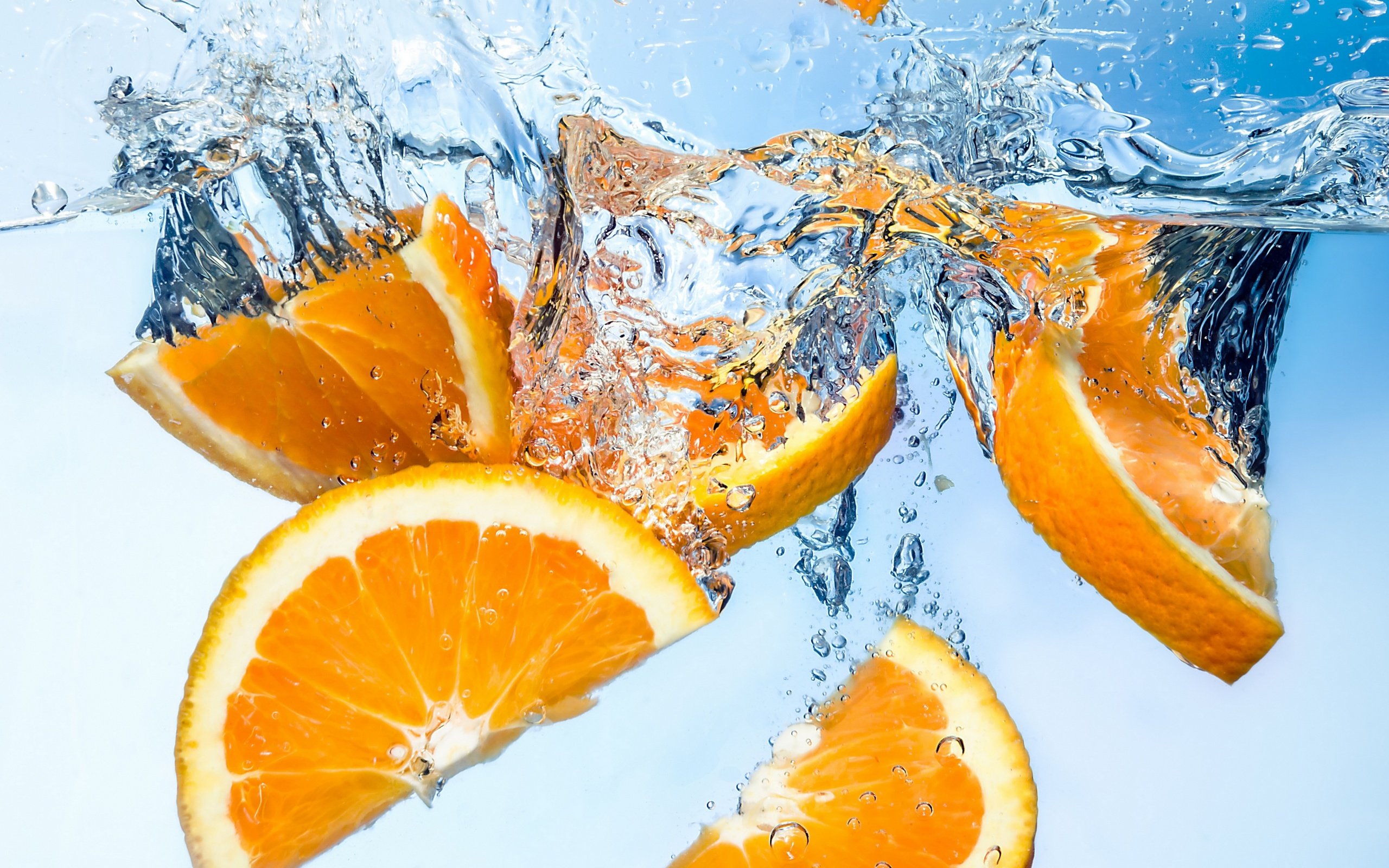 Обои вода, фрукты, апельсин, дольки, цитрусы, water, fruit, orange, slices, citrus разрешение 3840x2160 Загрузить