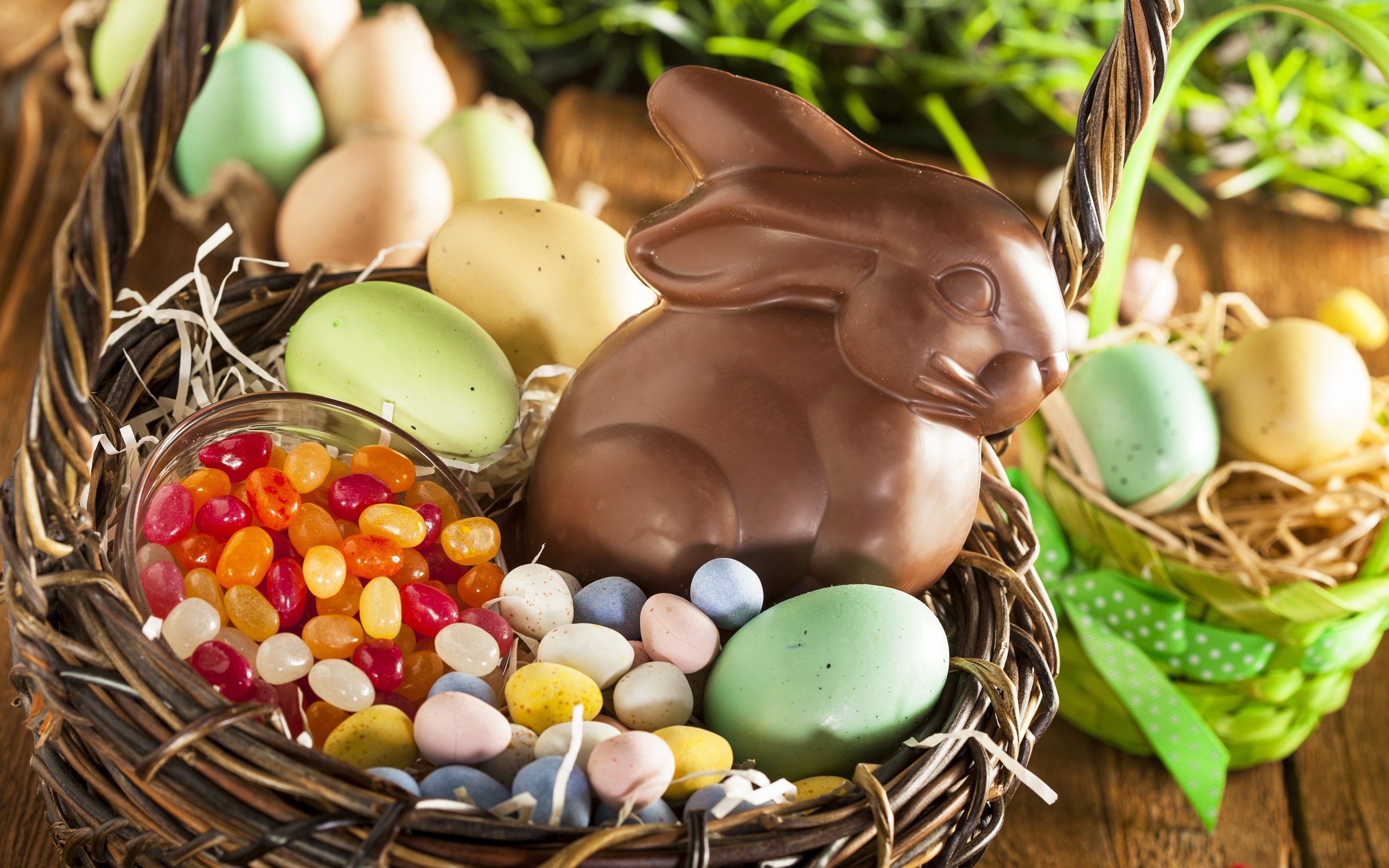 Обои конфеты, корзина, кролик, пасха, яйца, шоколад, candy, basket, rabbit, easter, eggs, chocolate разрешение 5616x3744 Загрузить