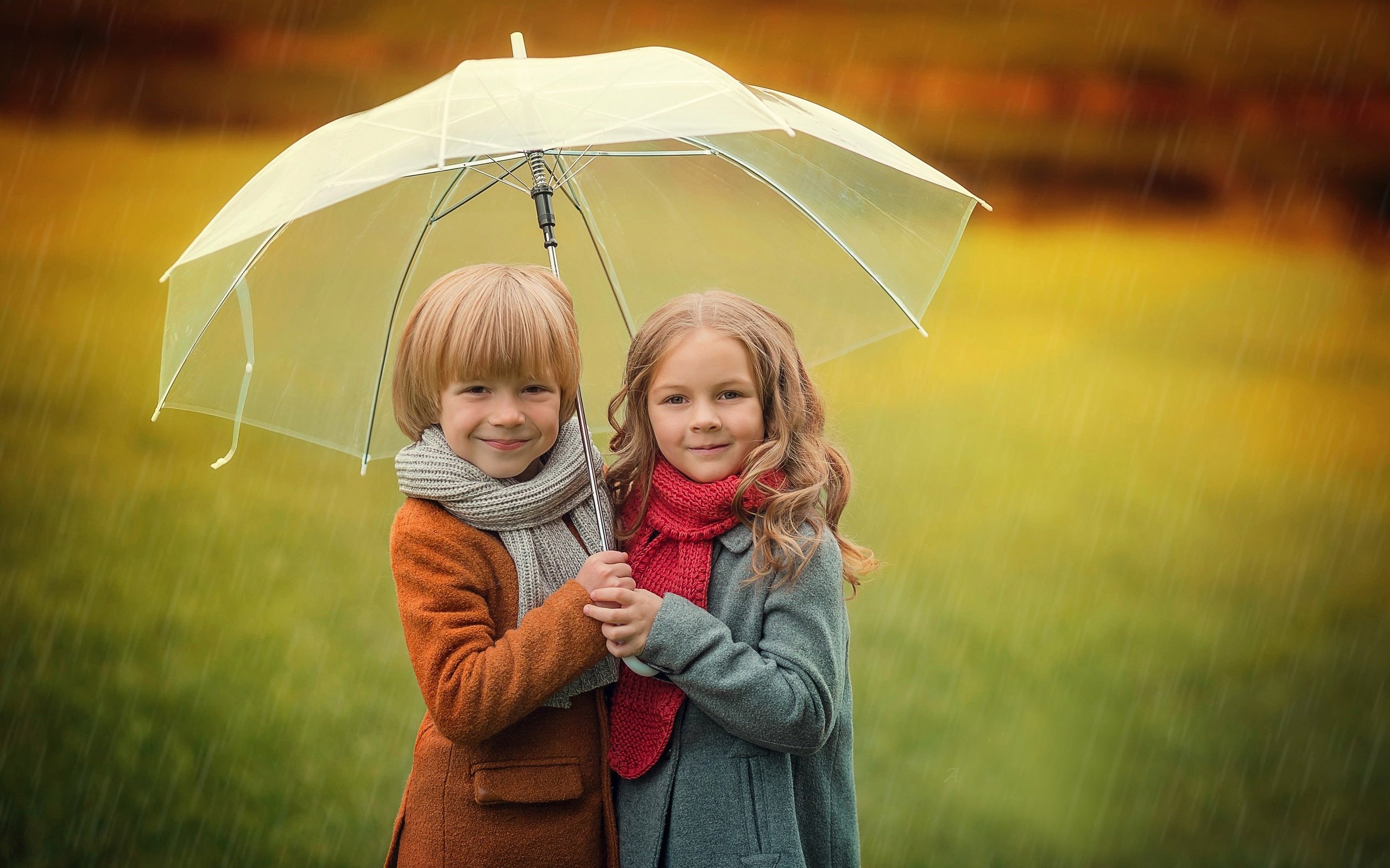 Обои настроение, улыбка, осень, дети, девочка, дождь, зонт, мальчик, mood, smile, autumn, children, girl, rain, umbrella, boy разрешение 2560x1707 Загрузить