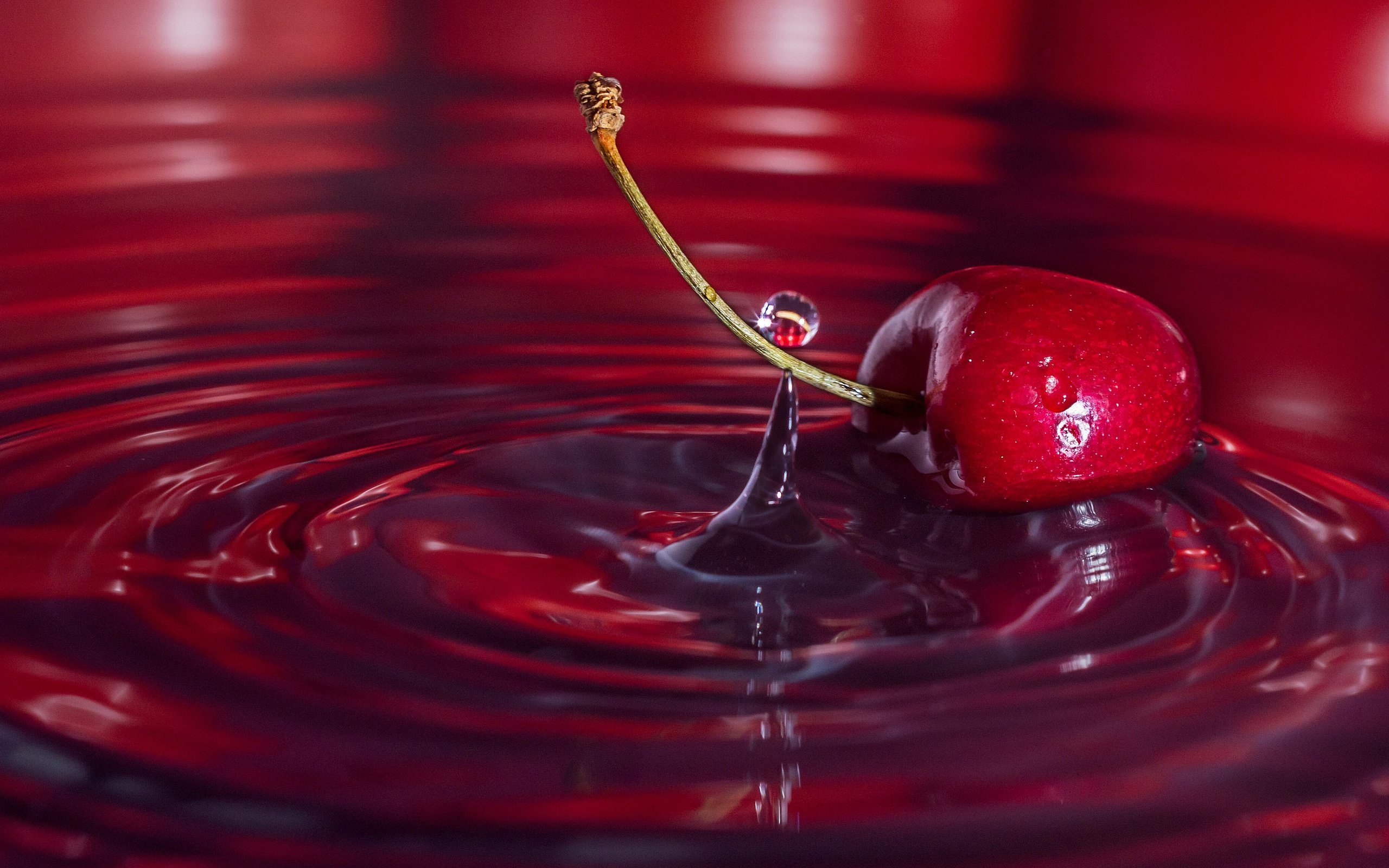 Обои вода, макро, капля, черешня, вишня, всплеск, яг, water, macro, drop, cherry, splash, yag разрешение 2880x1913 Загрузить