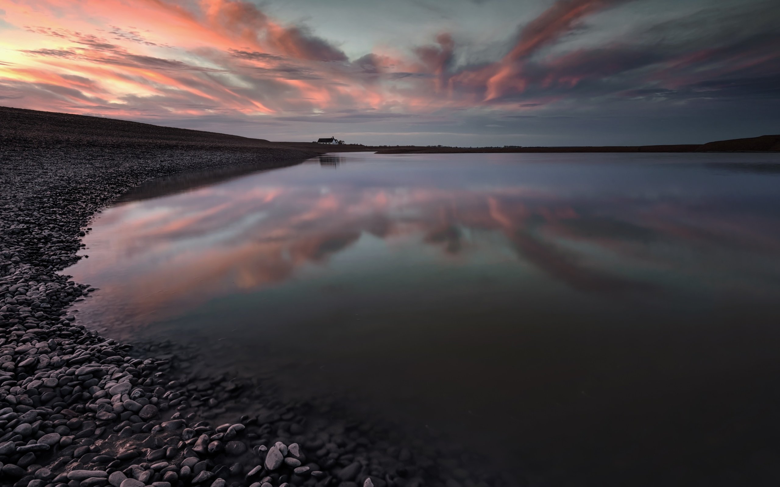 Обои небо, облака, камни, берег, закат, море, the sky, clouds, stones, shore, sunset, sea разрешение 5929x3953 Загрузить