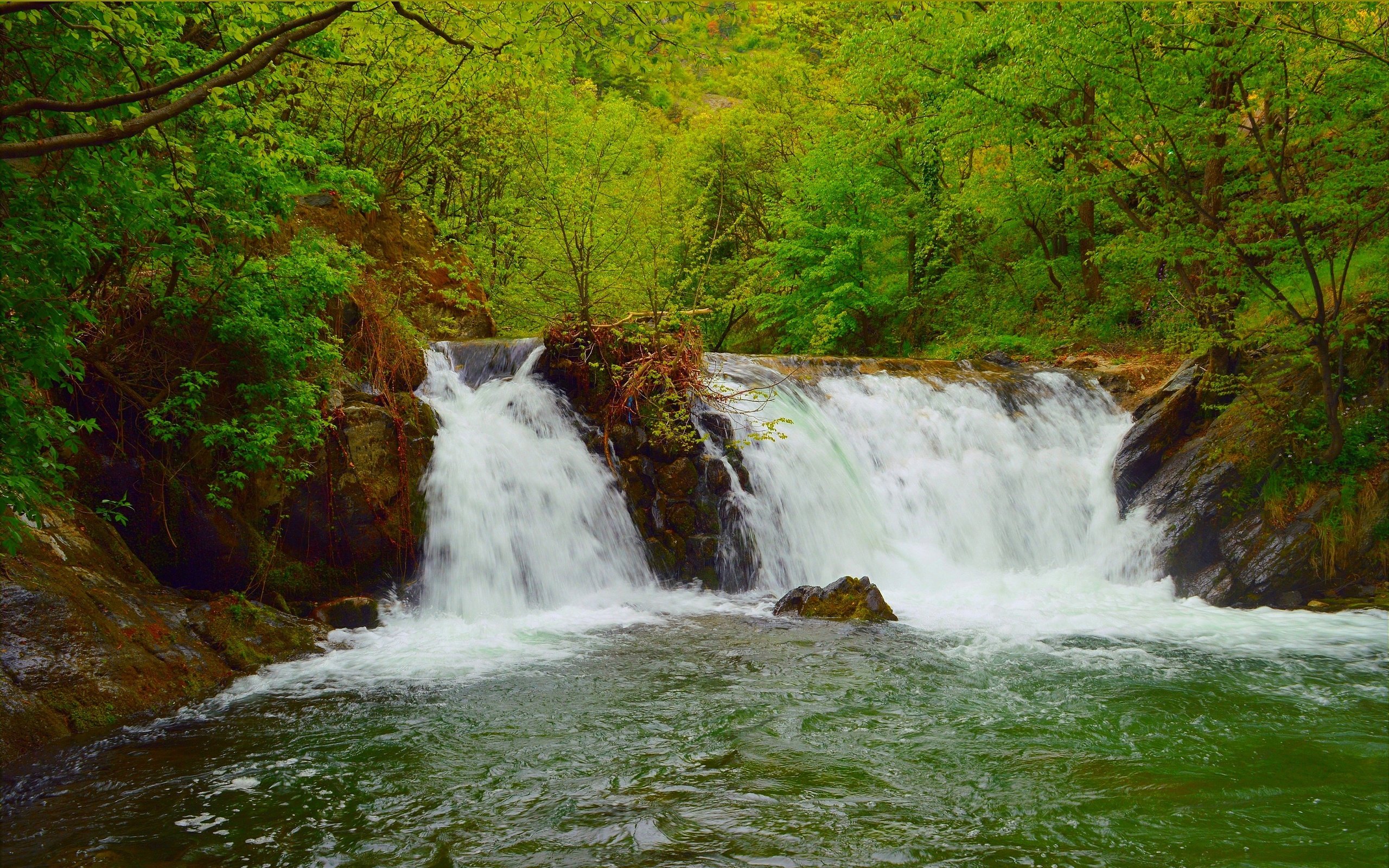 Обои деревья, река, природа, зелень, водопад, trees, river, nature, greens, waterfall разрешение 3006x1874 Загрузить