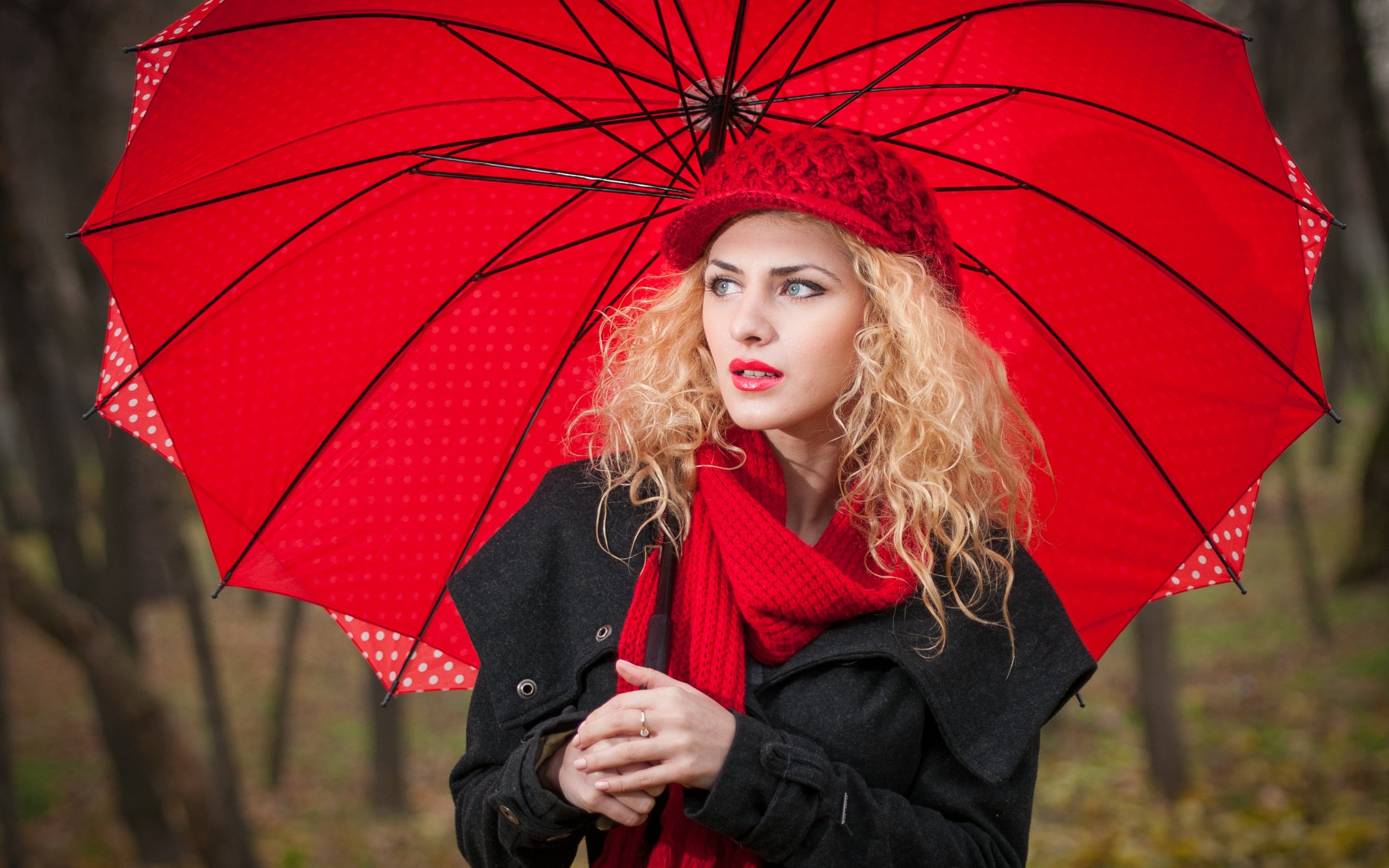 Обои девушка, блондинка, взгляд, осень, модель, зонт, шляпа, шарф, girl, blonde, look, autumn, model, umbrella, hat, scarf разрешение 2566x1721 Загрузить