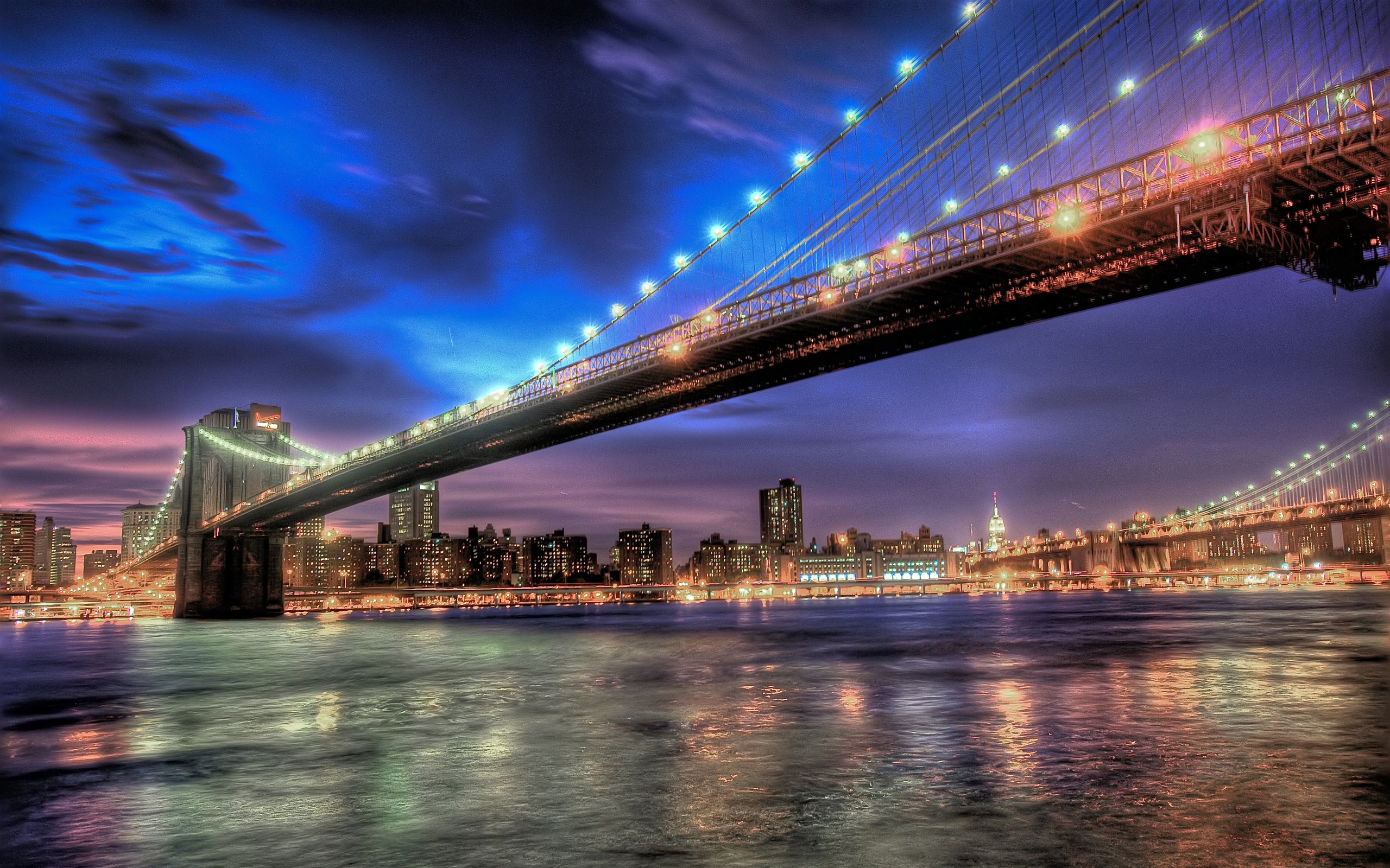 Обои ночь, огни, мост, город, нью-йорк, бруклинский мост, night, lights, bridge, the city, new york, brooklyn bridge разрешение 3840x2400 Загрузить
