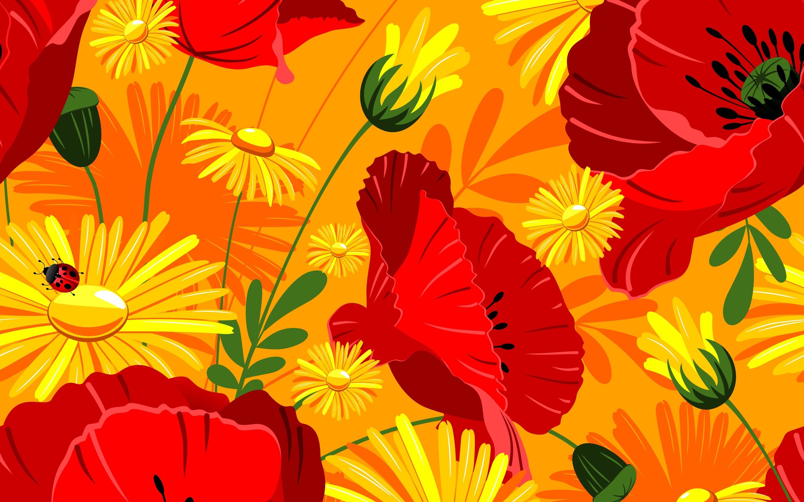 Обои цветы, маки, яркие, красных, жёлтых, и, ноготки, flowers, maki, bright, red, yellow, and, marigolds разрешение 5016x5016 Загрузить