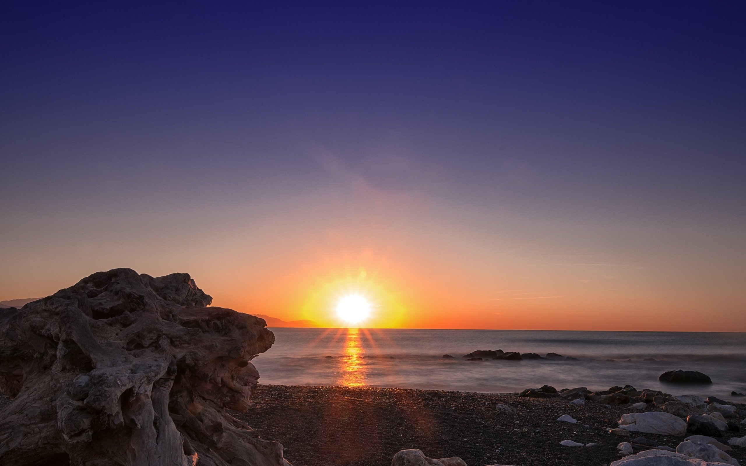 Обои камни, берег, закат, море, горизонт, рассвет, stones, shore, sunset, sea, horizon, dawn разрешение 3840x2160 Загрузить