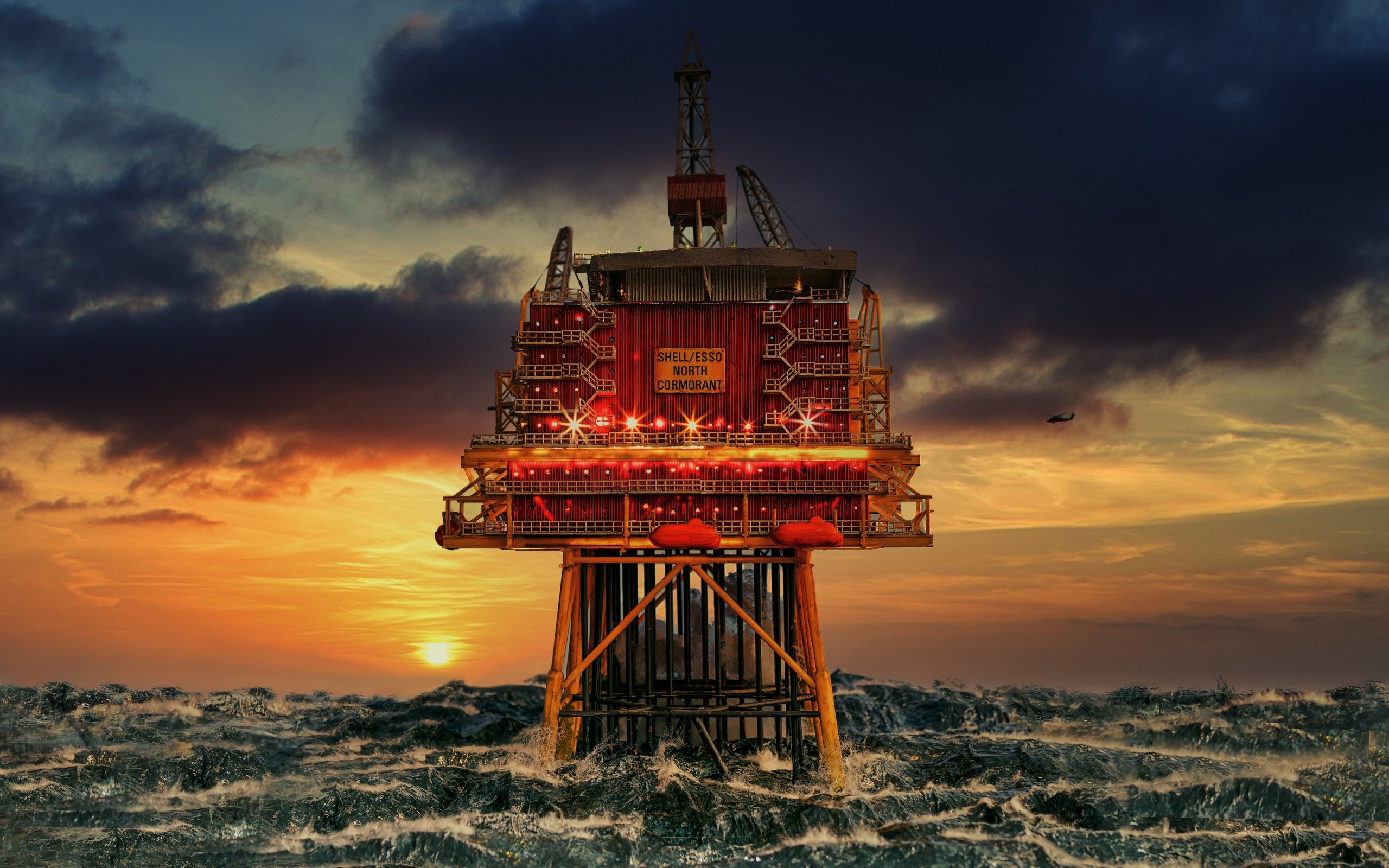 Обои закат, море, шторм, платформа, северное море, sunset, sea, storm, platform, north sea разрешение 6802x4382 Загрузить