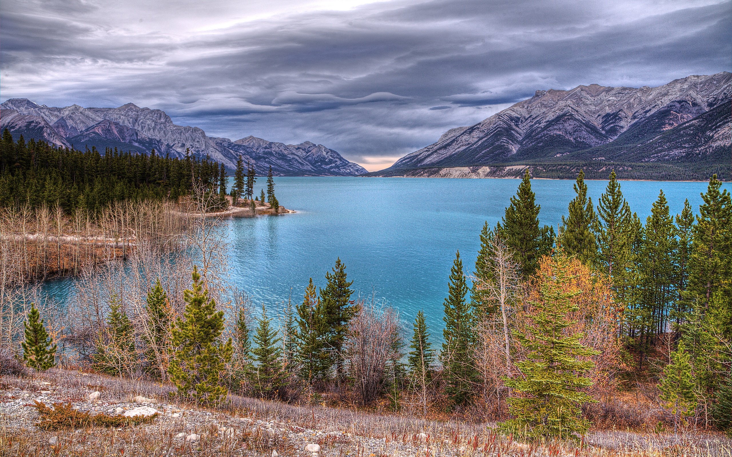 Обои деревья, озеро, горы, природа, тучи, пейзаж, канада, abraham lake, trees, lake, mountains, nature, clouds, landscape, canada разрешение 5627x3745 Загрузить