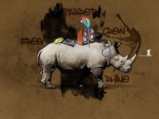 Обои граффити, носорог, попугай, лягуха, ворона, дезайн, graffiti, rhino, parrot, frog, crow, design разрешение 1920x1200 Загрузить