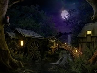 Обои ночь, лес, мост, водопад, дом, night, forest, bridge, waterfall, house разрешение 1920x1200 Загрузить