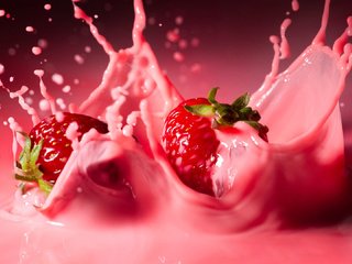 Обои капли, клубника, брызги, ягоды, всплеск, ди..., drops, strawberry, squirt, berries, splash, dee... разрешение 1920x1080 Загрузить