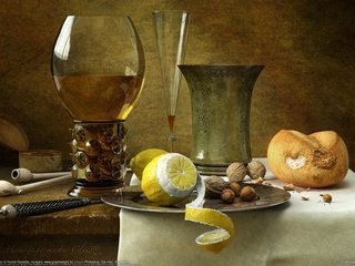 Обои орехи, бокал, лимон, korn__l ravadits, натюрморт, nuts, glass, lemon, still life разрешение 1920x1200 Загрузить