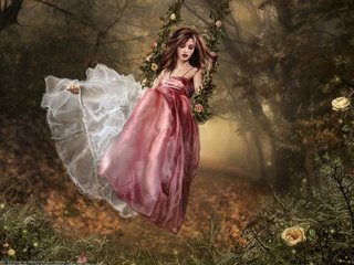 Обои лес, девушка, платье, качели, forest, girl, dress, swing разрешение 2560x1600 Загрузить