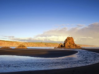 Обои небо, горы, море, гора, радуга, домик, the sky, mountains, sea, mountain, rainbow, house разрешение 1920x1200 Загрузить