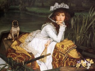 Обои девушка, картина, взгляд, собака, лодка, girl, picture, look, dog, boat разрешение 1920x1200 Загрузить