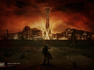 Обои дорога, ночь, огни, город, fallout, new vegas, рейнджер, road, night, lights, the city, ranger разрешение 1920x1200 Загрузить