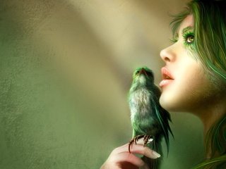 Обои птица, волосы, губы, лицо, nell fallcard - green wisper, bird, hair, lips, face разрешение 1920x1200 Загрузить