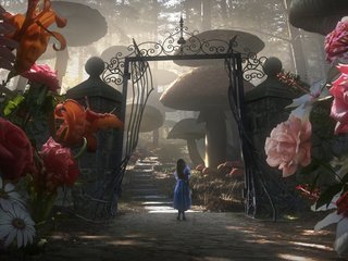 Обои цветы, ворота, алиса в стране чудес, тим бёртон, flowers, gate, alice in wonderland, tim burton разрешение 2820x1200 Загрузить