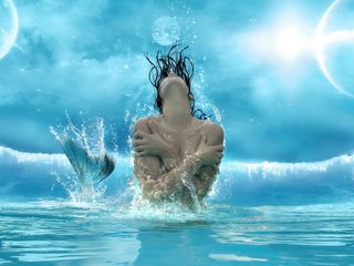Обои вода, девушка, брызги, всплеск, хвост, русалка, water, girl, squirt, splash, tail, mermaid разрешение 1920x1200 Загрузить