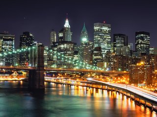 Обои ночь, огни, мост, небоскребы, нью-йорк, nyc, ноч, night, lights, bridge, skyscrapers, new york разрешение 2000x1333 Загрузить