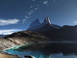 Обои озеро, горы, скалы, панорама, lake, mountains, rocks, panorama разрешение 3840x1200 Загрузить