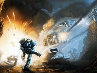 Обои оружие, танки, взрыв, пушки, старкрафт 2, пехотинец, weapons, tanks, the explosion, gun, starcraft 2, infantryman разрешение 1920x1200 Загрузить