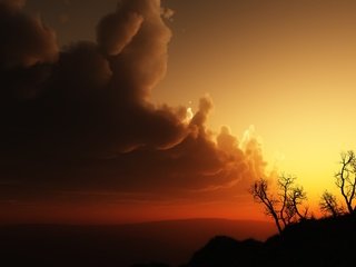 Обои небо, облака, деревья, закат, холм, the sky, clouds, trees, sunset, hill разрешение 2560x1600 Загрузить