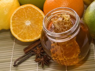 Обои еда, фрукты, лимон, апельсин, соты, сладкое, мед, банка, food, fruit, lemon, orange, cell, sweet, honey, bank разрешение 1920x1200 Загрузить