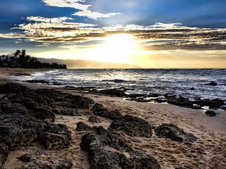 Обои облака, деревья, камни, закат, море, песок, следы, clouds, trees, stones, sunset, sea, sand, traces разрешение 2560x1600 Загрузить