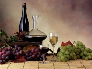 Обои виноград, вино, бокалы, бутылки, натюрморт, grapes, wine, glasses, bottle, still life разрешение 1920x1200 Загрузить