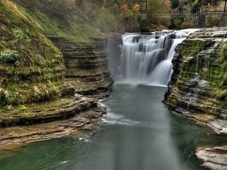 Обои река, скалы, природа, мост, водопад, мох, river, rocks, nature, bridge, waterfall, moss разрешение 1920x1200 Загрузить