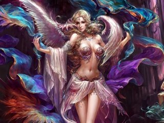 Обои арт, девушка, фентези, крылья, ангел, волосы, кулон, forsaken world: storms of war, art, girl, fantasy, wings, angel, hair, pendant разрешение 1920x1200 Загрузить