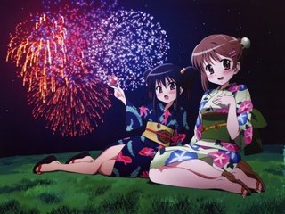 Обои shakugan no shana, shana, japanese clothes, yoshida kazumi, юката, феерверк, yukata, fireworks разрешение 3864x2795 Загрузить