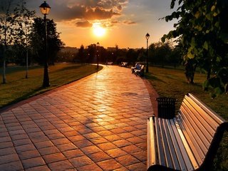 Обои закат, дорожка, лето, город, скамейка, sunset, track, summer, the city, bench разрешение 2560x1600 Загрузить