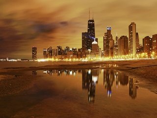 Обои ночь, огни, озеро, город, сша, чикаго, night, lights, lake, the city, usa, chicago разрешение 3847x2188 Загрузить